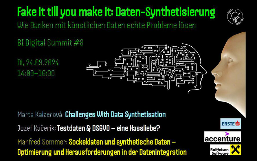 Veranstaltungsbanner zum BI Digital Summit #8 mit dem Titel ‚Fake it till you make it: Daten-Synthetisierung‘ und Vortragsthemen rund um synthetische Daten und DSGVO.
