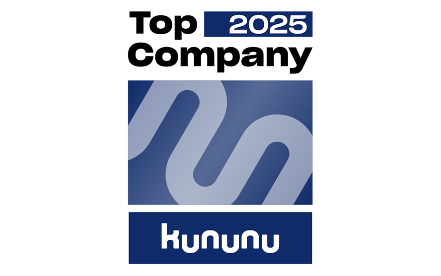 Kununu-Siegel ‚Top Company 2025‘ mit stilisiertem Logo und blauer Beschriftung.
