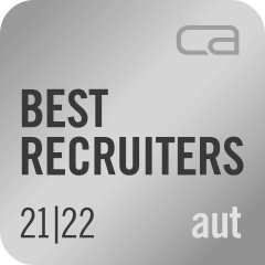 Auszeichnung mit der Aufschrift ‚Best Recruiters 21/22 aut‘ – Anerkennung für Recruiting-Leistungen in Österreich.