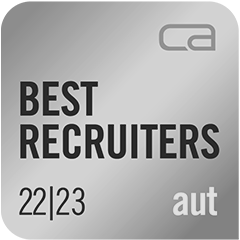 Auszeichnung mit der Aufschrift ‚Best Recruiters 22/23 aut‘ – Anerkennung für Recruiting-Leistungen in Österreich.