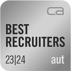 Auszeichnung mit der Aufschrift ‚Best Recruiters 23/24 aut‘ – Anerkennung für Recruiting-Leistungen in Österreich.