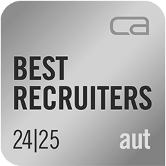 Auszeichnung mit der Aufschrift ‚Best Recruiters 24/25 aut‘ – Anerkennung für Recruiting-Leistungen in Österreich.