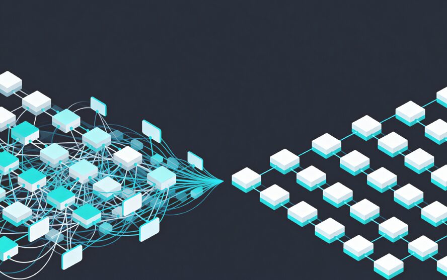 Grafische Darstellung eines komplexen Netzwerks vieler miteinander verbundener Kästchen auf der linken Seite, das sich zu einer geordneten, strukturierten Anordnung gleicher Kästchen auf der rechten Seite hin verdichtet. Symbolisiert die Umwandlung von Chaos in Struktur oder die Vereinfachung komplexer Daten.